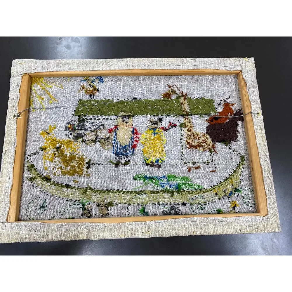 Vintage 1970s Embroidered Noah’s Ark Crewel Stitch Folk Art Nursery Picture
